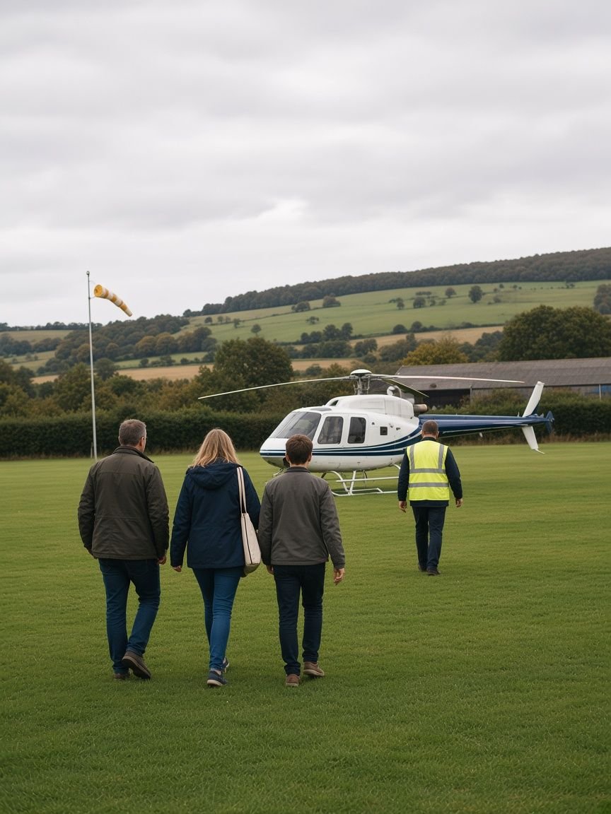 Three people and a hi-vis ground crew member, seen from behind, walking across grass toward a parked light helicopter at a small English airfield