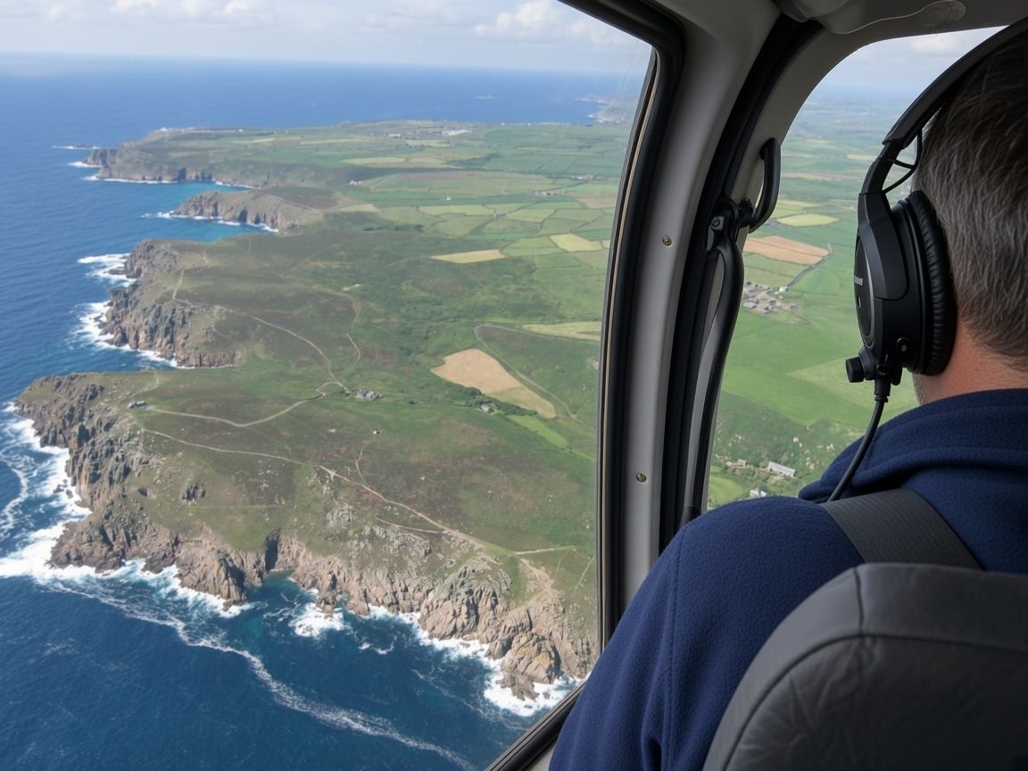 View through a helicopter side window of a rocky coastline and turquoise sea, with the back of a passenger's head and an aviation headset in the foreground